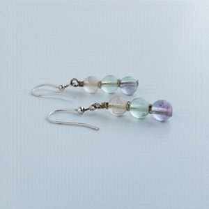 MULTICOLOR Rainbow Fluorite Earrings Round Beaded Natural Stone Semi Precious